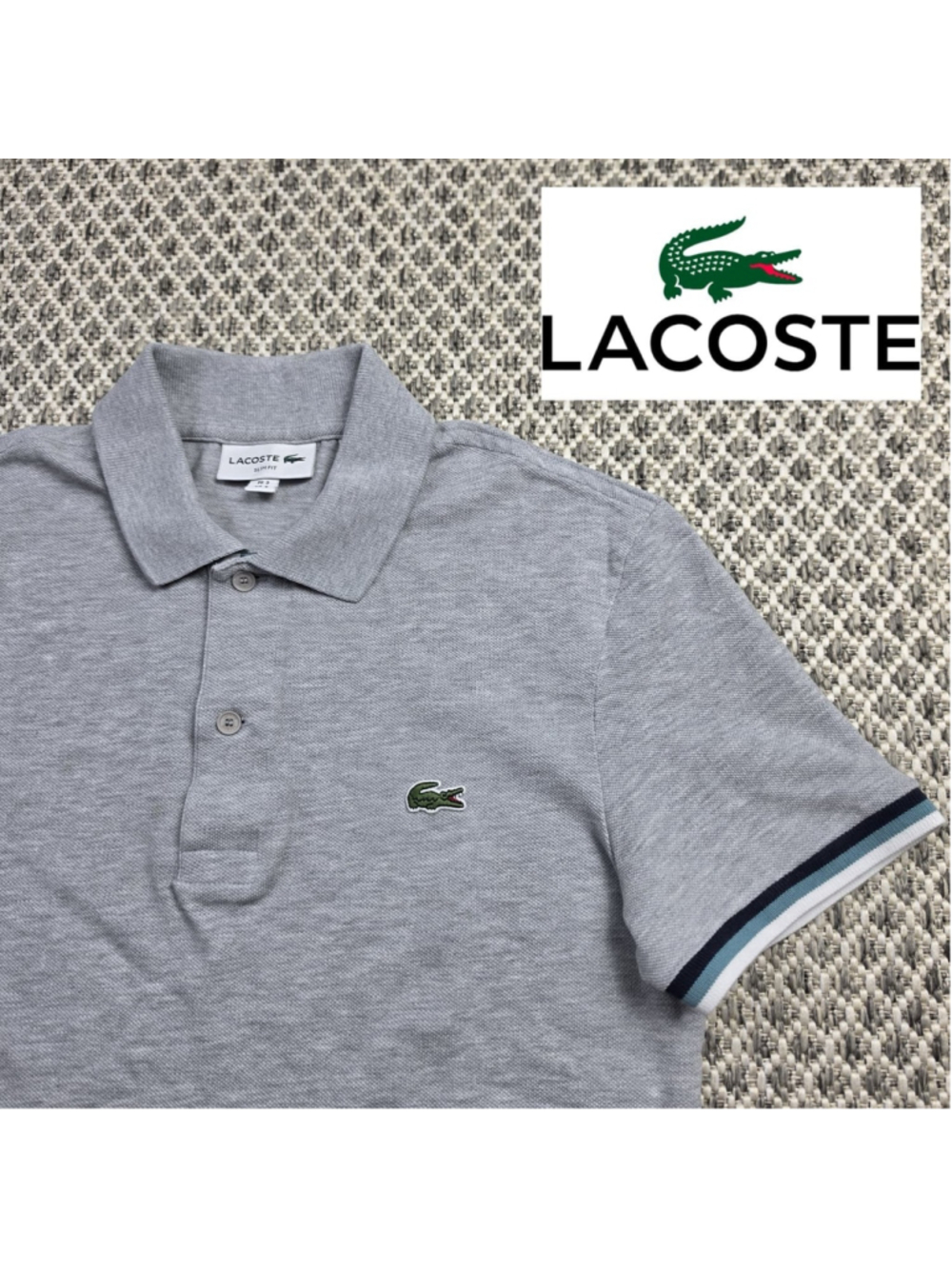 Lacoste Mens Small Gray Slim Fit Cotton Pique Polo Shirt Striped Cuffs Logo